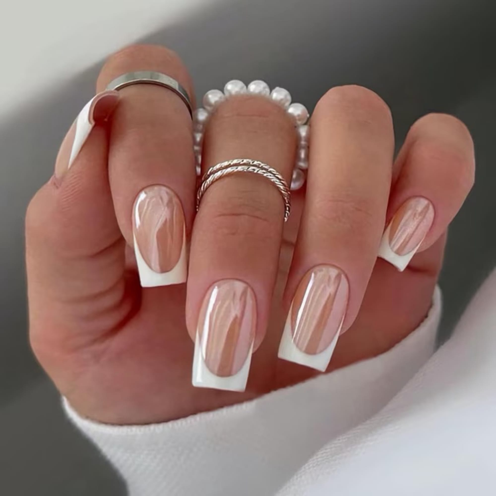 French tips with silver and pearl rings