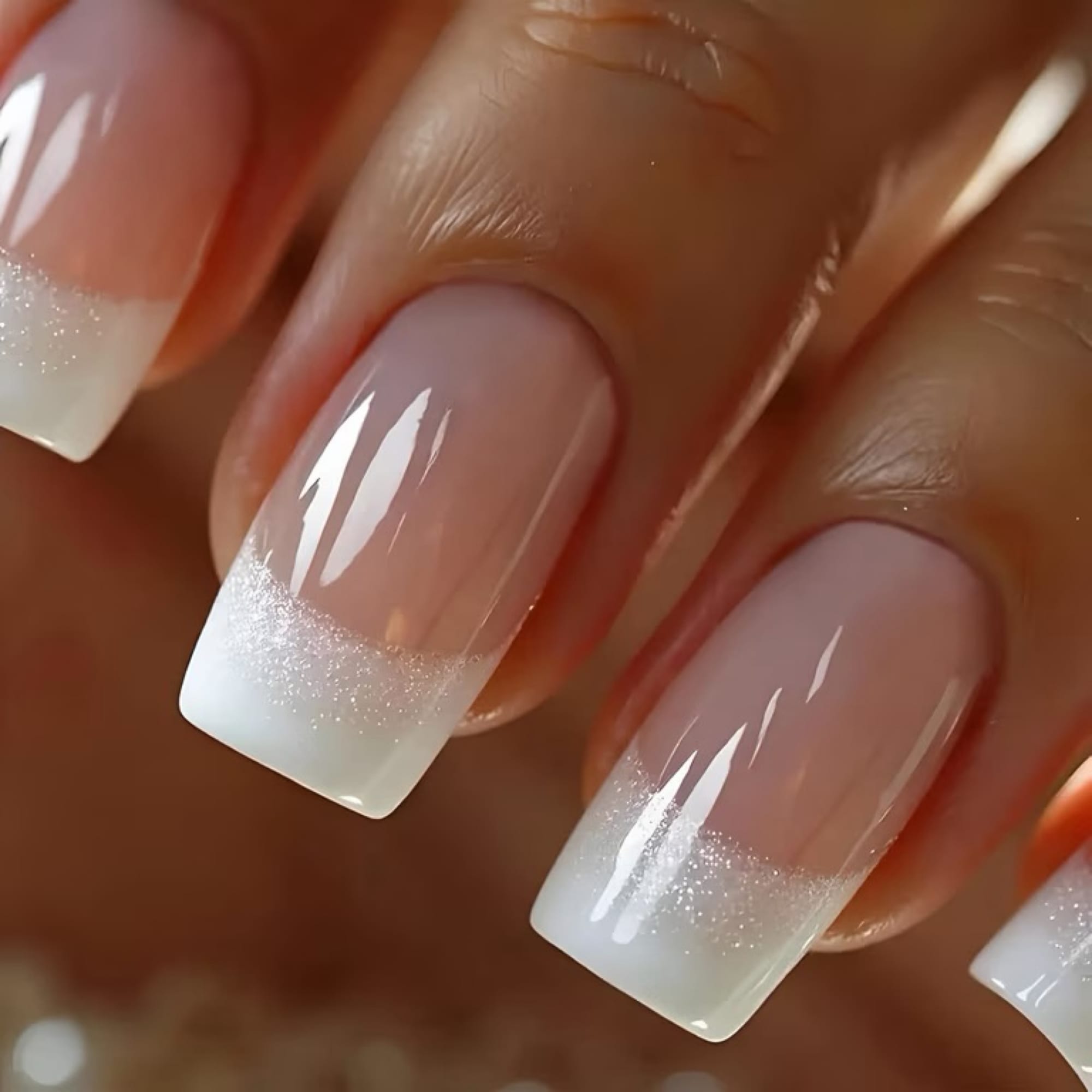 Nude pink gradient nails with champagne shimmer