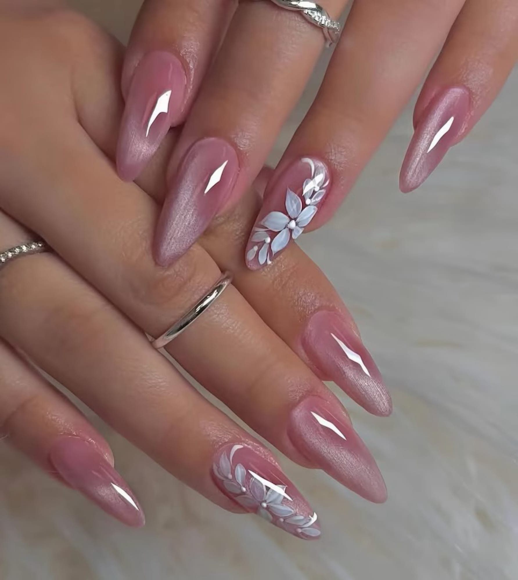 Dusty rose almond nails with floral art